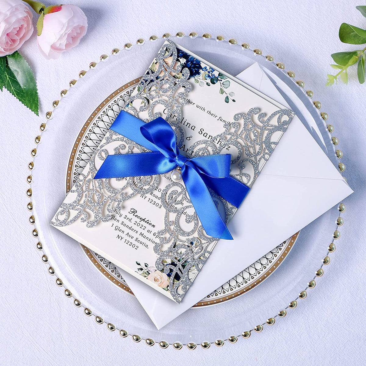 PONATIA Sliver Glitter Laser Cut Wedding Invitations Cards with Royal Blue Bow-knot