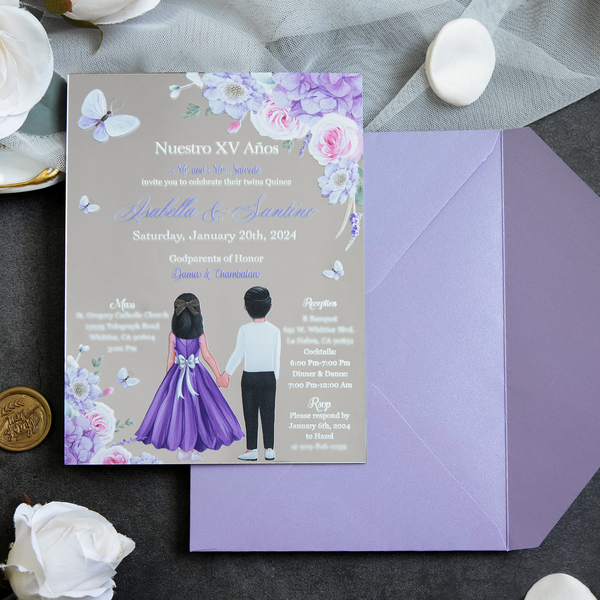 PONATIA Silver Mirror Wedding Invitation Cards with Lilac Envelope-2mm/0.7"
