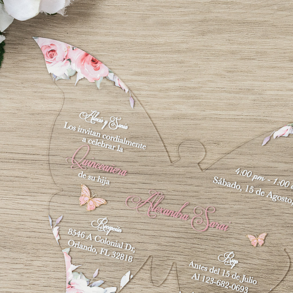 PONATIA 1mm/0.04" Dusty Rose Butterfly Clear Acrylic Quinceanera Invitation Card with Envelope