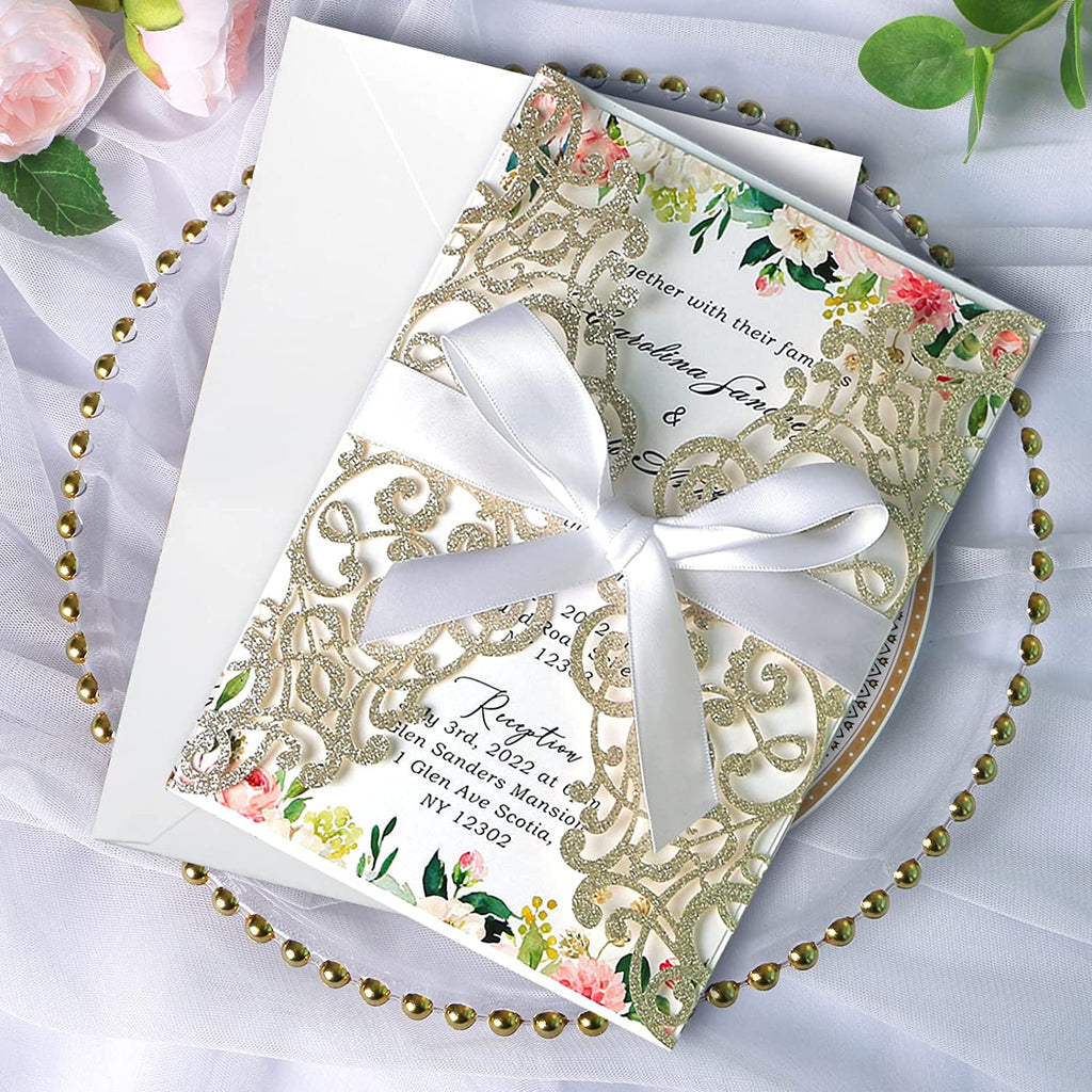 PONATIA Champagne Gold Glitter Laser Cut Wedding Invitations Cards with White Bow-knot