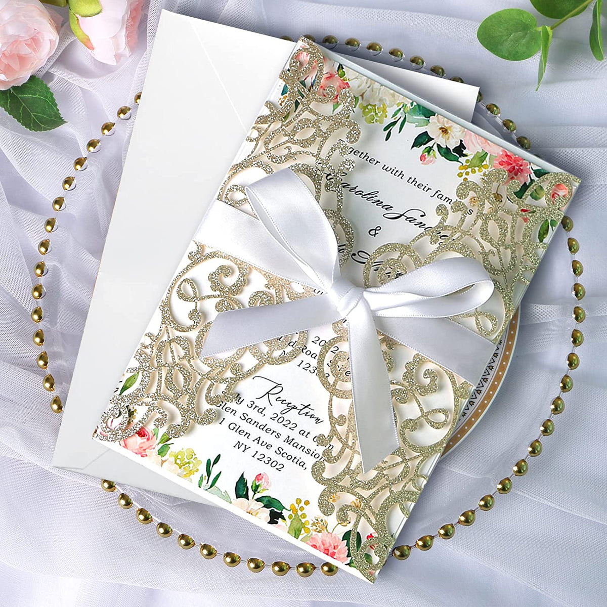 PONATIA Champagne Gold Glitter Laser Cut Wedding Invitations Cards with White Bow-knot