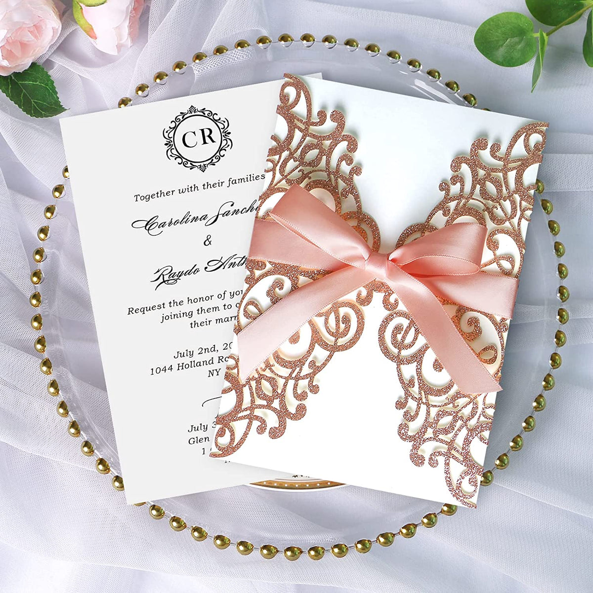 PONATIA Rose Glitter Laser Cut Wedding Invitations Cards with Blush Pink Bow-knot