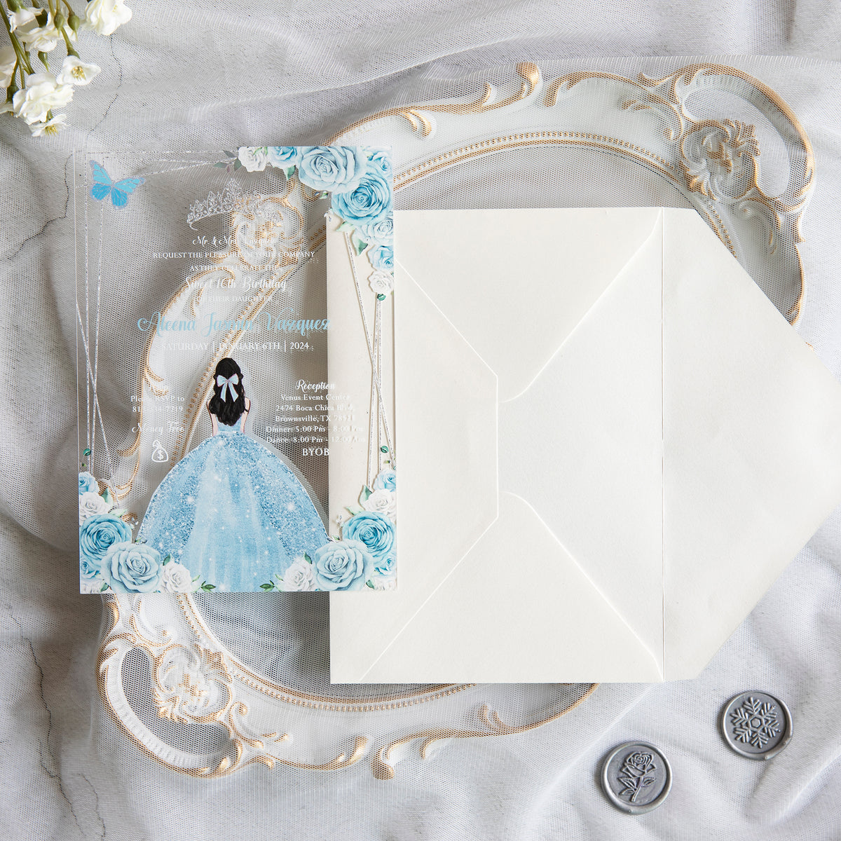 PONATIA 1mm/0.04" Light Blue Acrylic Quinceanera Invitation Cards with Envelopes