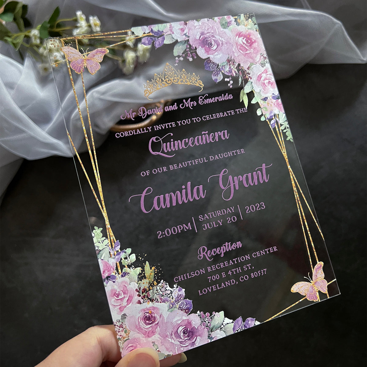 PONATIA 1mm/0.04" Lilac Acrylic Quinceanera Invitation Cards with Envelopes