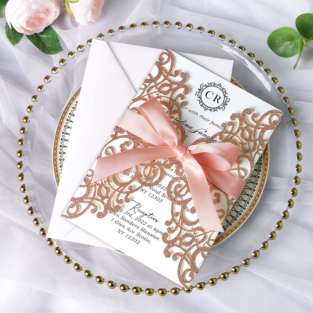 PONATIA Rose Glitter Laser Cut Wedding Invitations Cards with Blush Pink Bow-knot