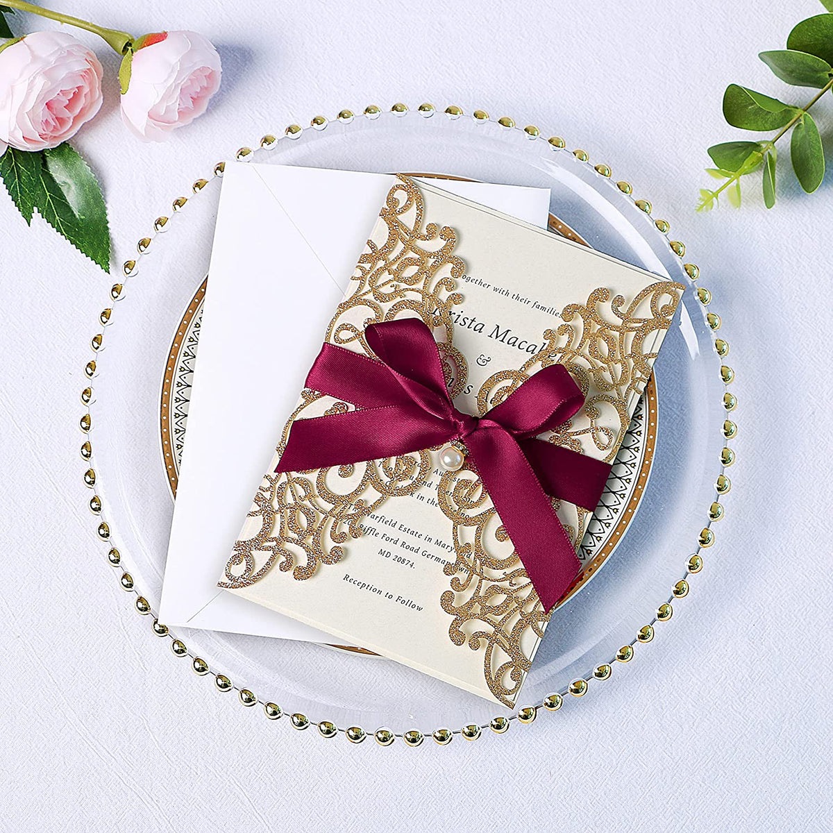 PONATIA Gold Glitter Laser Cut Wedding Invitations Cards with Burgundy Bow-knot