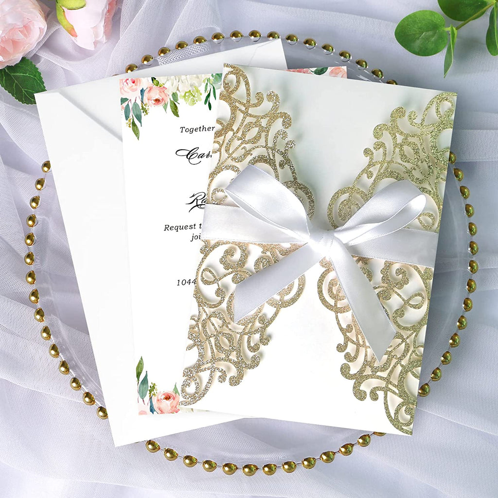 PONATIA Champagne Gold Glitter Laser Cut Wedding Invitations Cards with White Bow-knot