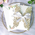 PONATIA Champagne Gold Glitter Laser Cut Wedding Invitations Cards with White Bow-knot