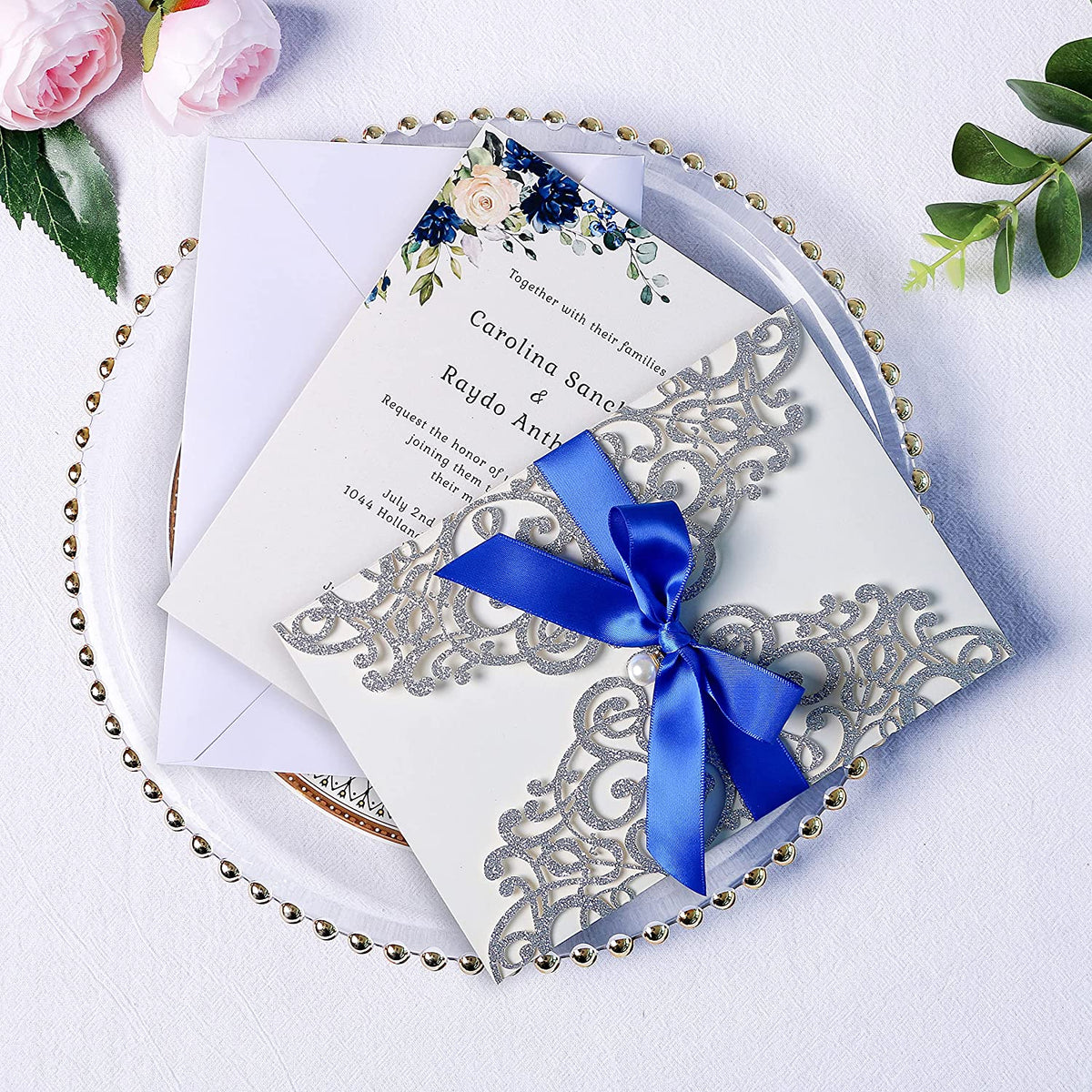 PONATIA Sliver Glitter Laser Cut Wedding Invitations Cards with Royal Blue Bow-knot