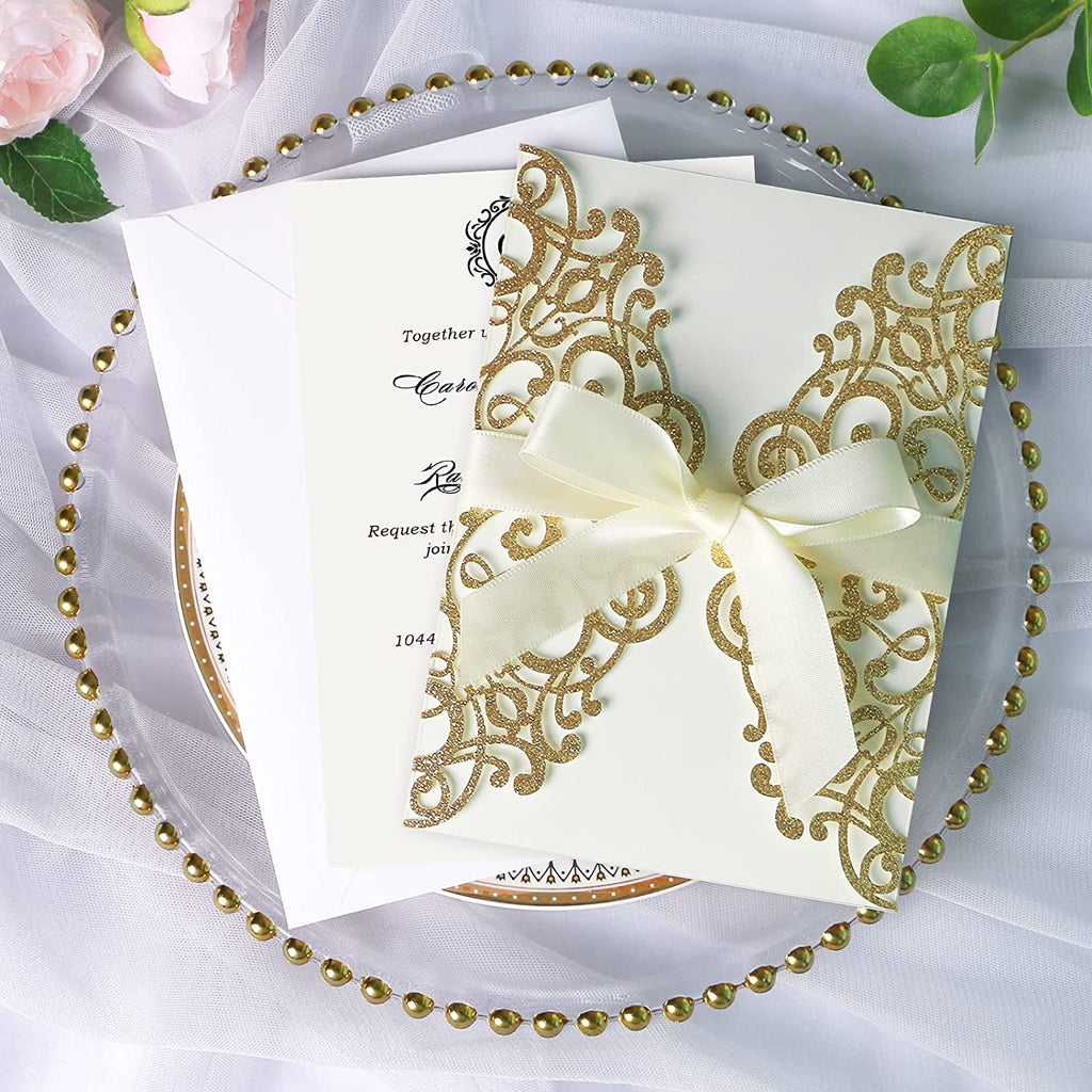 PONATIA Gold Glitter Laser Cut Wedding Invitations Cards with Ivory Bow-knot