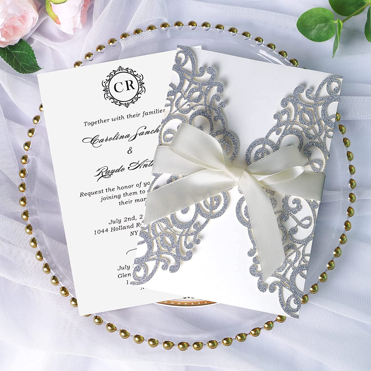 PONATIA Sliver Glitter Laser Cut Wedding Invitations Cards with Ivory Bow-knot