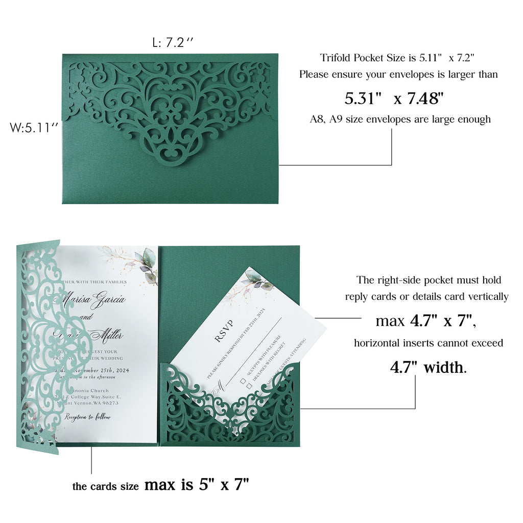 PONATIA  20PCS Emerald Green Laser Cut Wedding Invitations Pockets