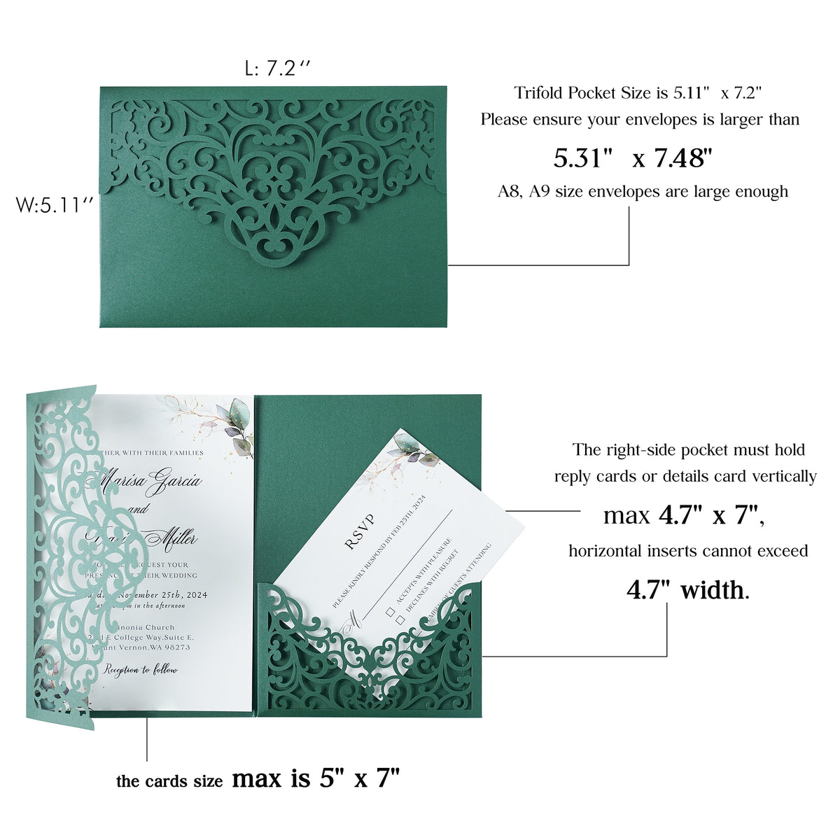 PONATIA  20PCS Emerald Green Laser Cut Wedding Invitations Pockets