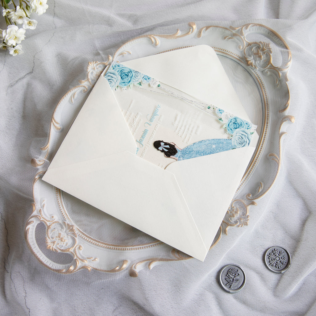PONATIA 1mm/0.04" Light Blue Acrylic Quinceanera Invitation Cards with Envelopes