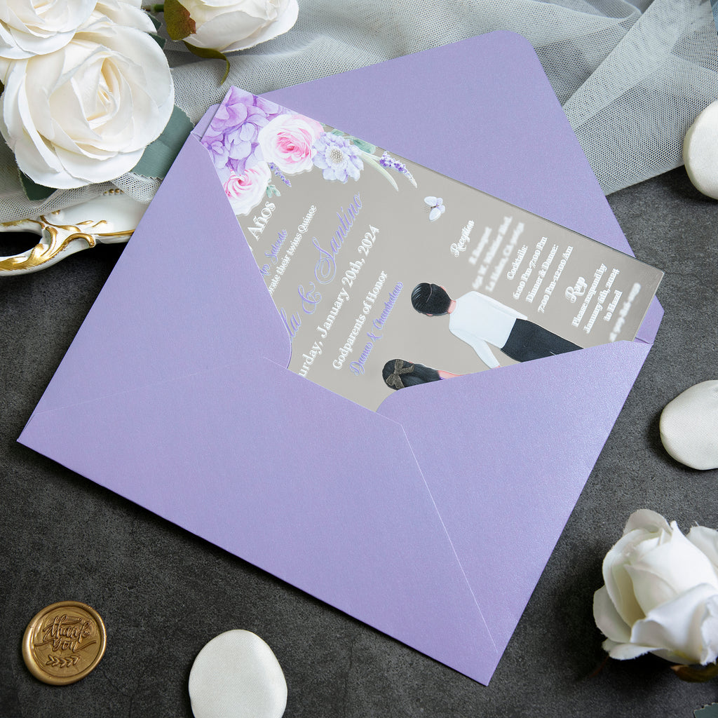 PONATIA Silver Mirror Wedding Invitation Cards with Lilac Envelope-2mm/0.7"