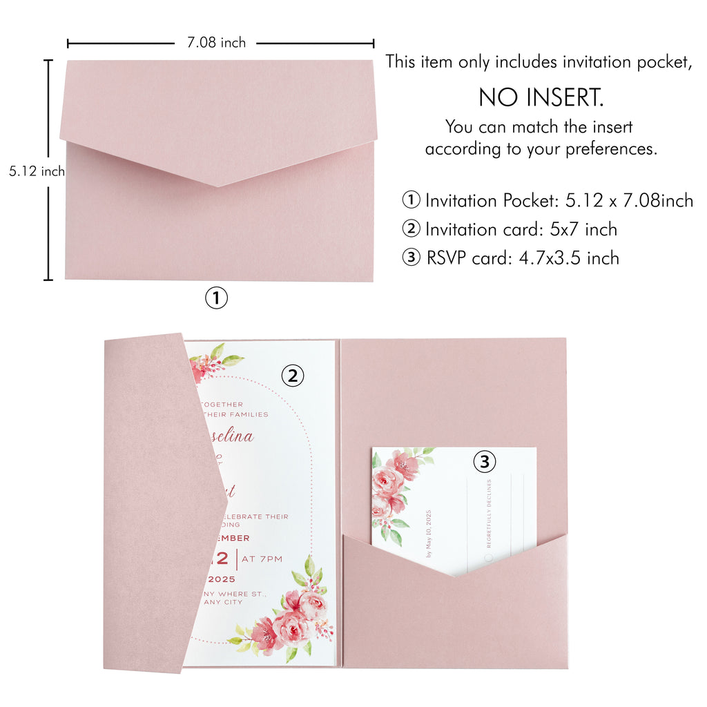 PONATIA 20 PCS Blush Pink Tri-fold Wedding Invitation Pockets for 5x7 Wedding Cards