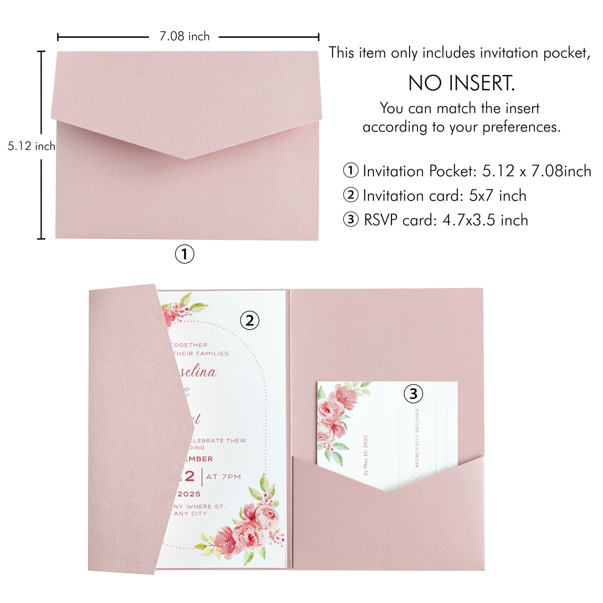 PONATIA 20 PCS Blush Pink Tri-fold Wedding Invitation Pockets for 5x7 Wedding Cards