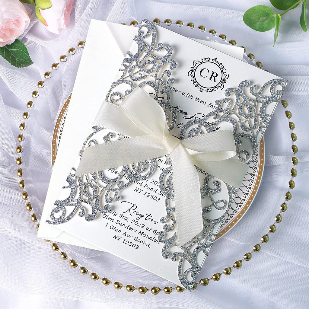 PONATIA Sliver Glitter Laser Cut Wedding Invitations Cards with Ivory Bow-knot