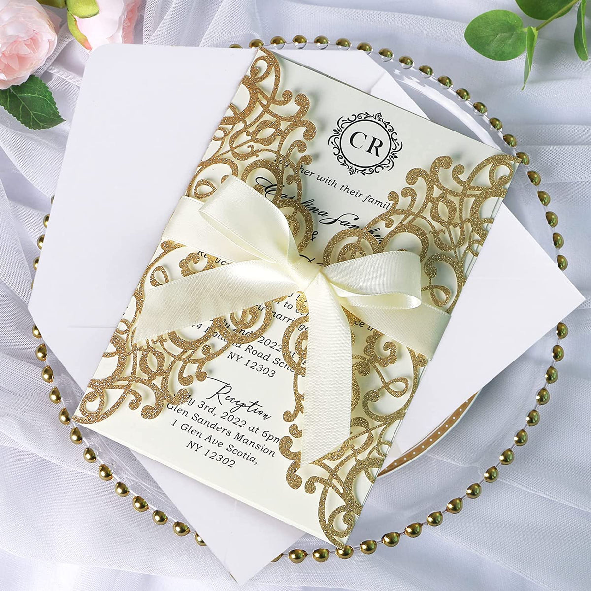 PONATIA Gold Glitter Laser Cut Wedding Invitations Cards with Ivory Bow-knot