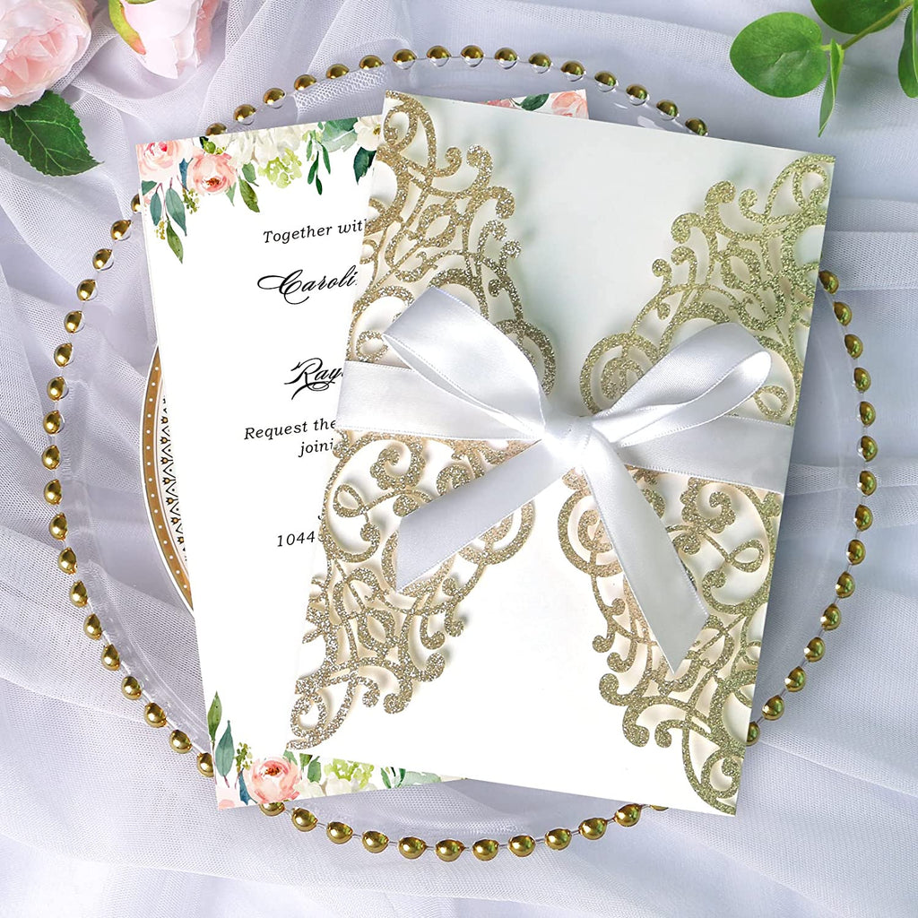 PONATIA Champagne Gold Glitter Laser Cut Wedding Invitations Cards with White Bow-knot