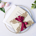 PONATIA Gold Glitter Laser Cut Wedding Invitations Cards with Burgundy Bow-knot