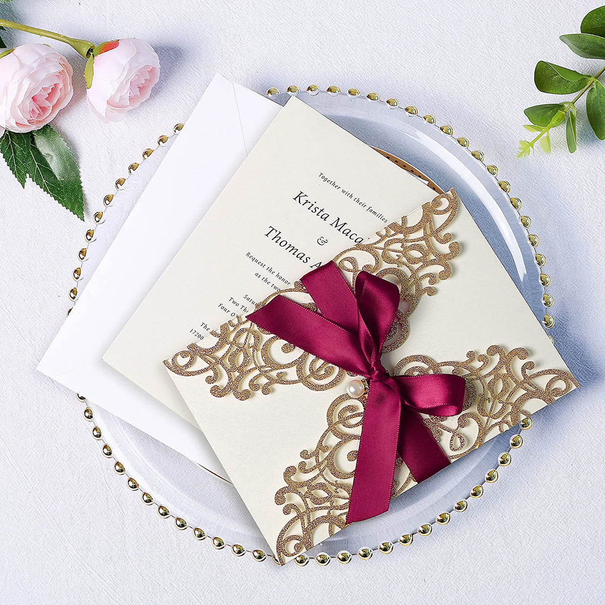 PONATIA Gold Glitter Laser Cut Wedding Invitations Cards with Burgundy Bow-knot