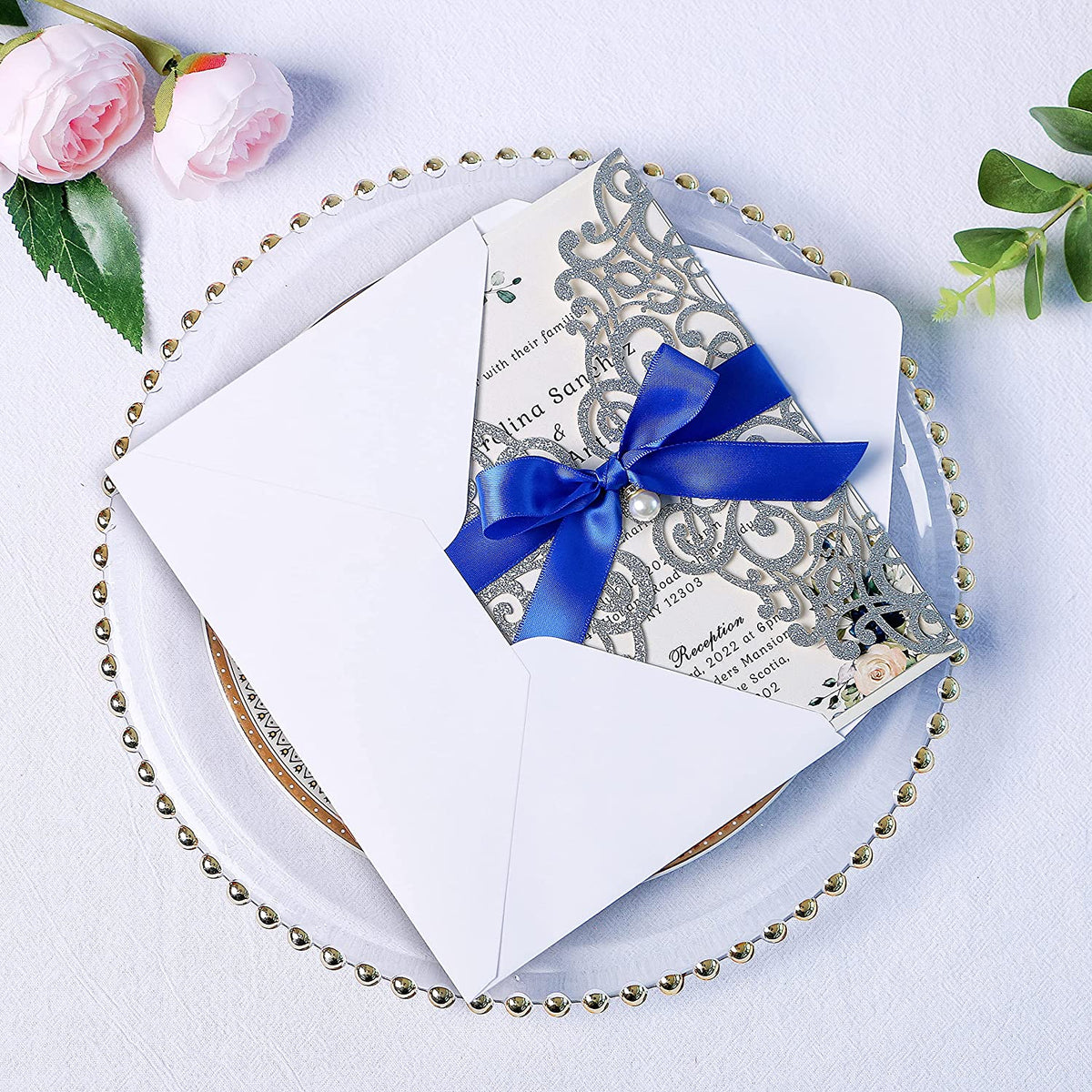 PONATIA Sliver Glitter Laser Cut Wedding Invitations Cards with Royal Blue Bow-knot