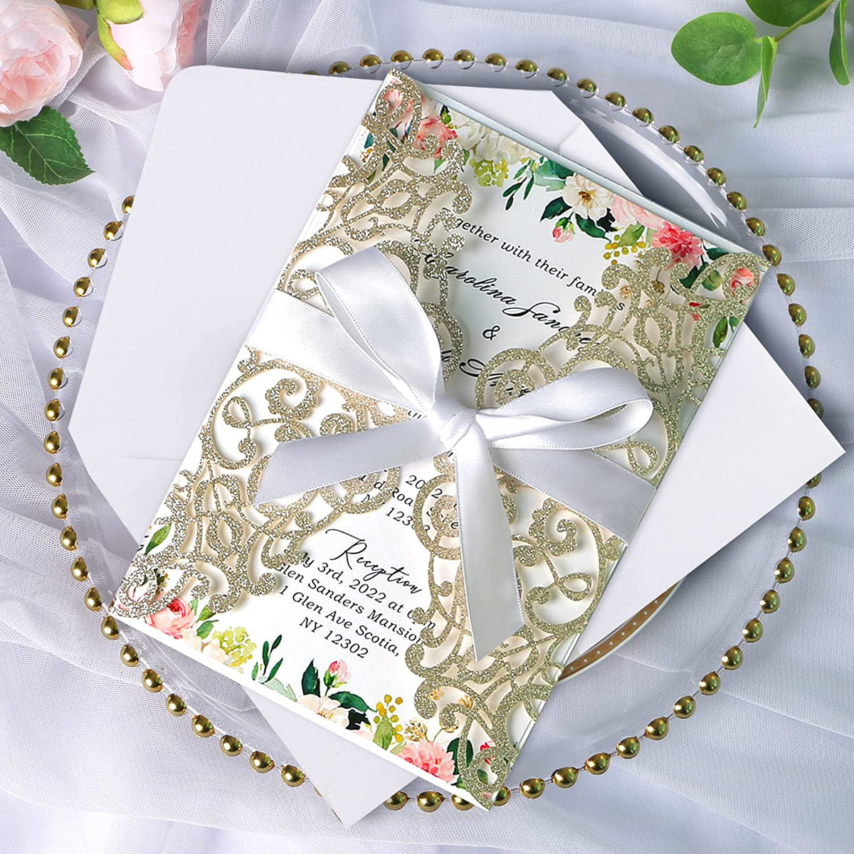 PONATIA Champagne Gold Glitter Laser Cut Wedding Invitations Cards with White Bow-knot