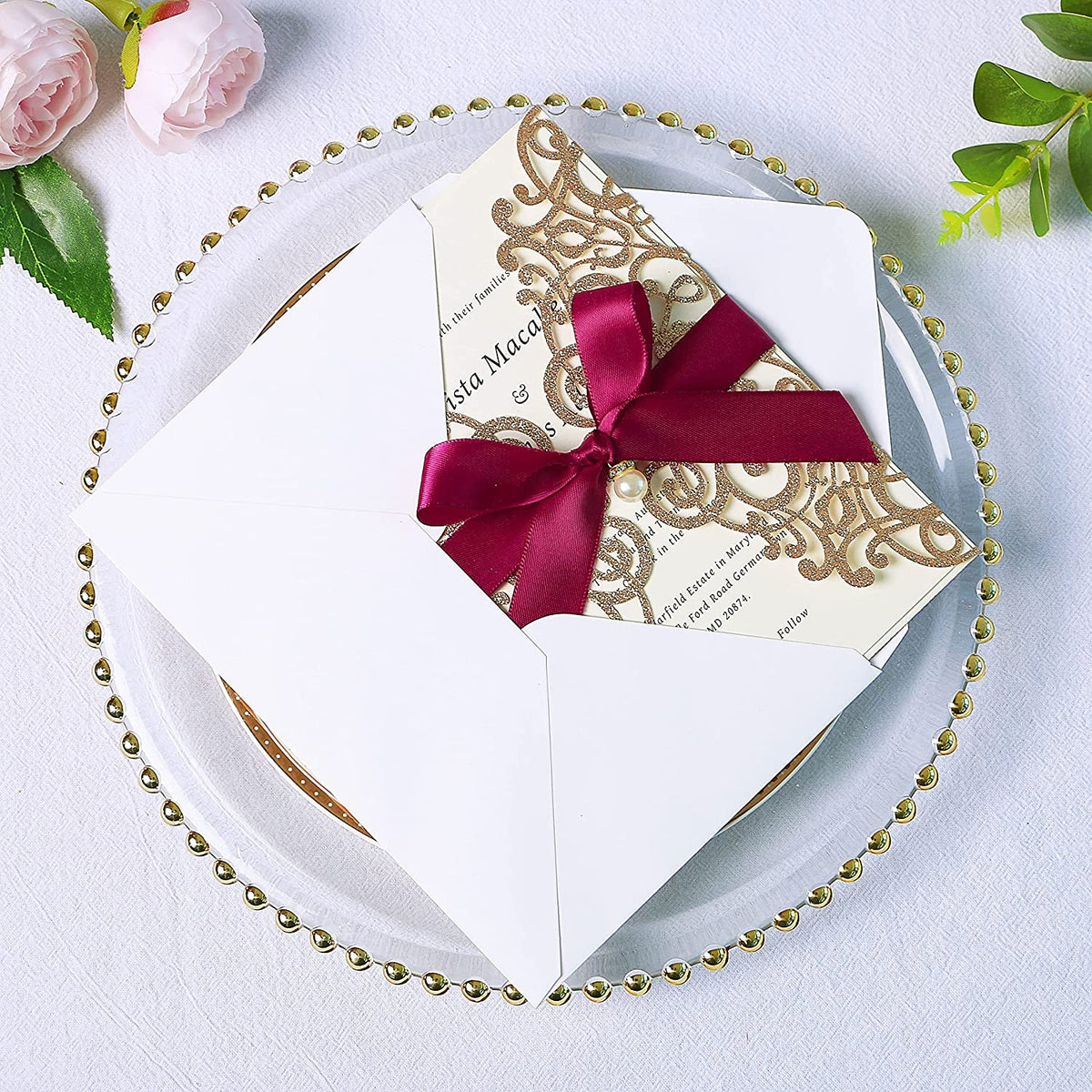 PONATIA Gold Glitter Laser Cut Wedding Invitations Cards with Burgundy Bow-knot
