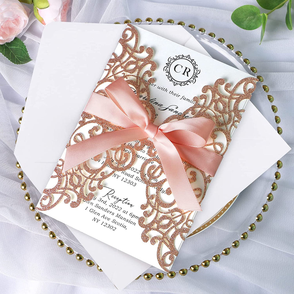 PONATIA Rose Glitter Laser Cut Wedding Invitations Cards with Blush Pink Bow-knot