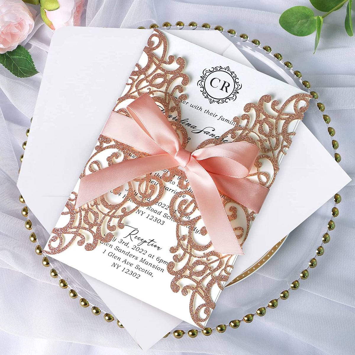 PONATIA Rose Glitter Laser Cut Wedding Invitations Cards with Blush Pink Bow-knot