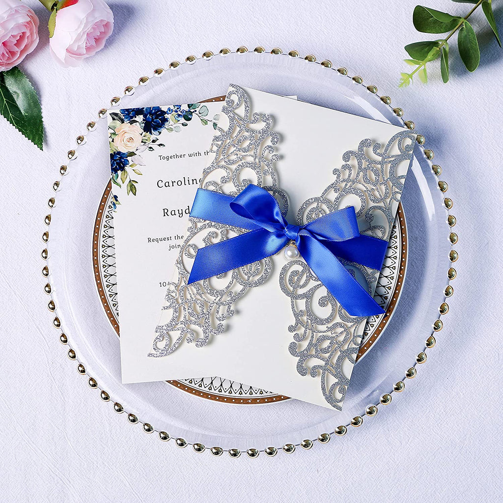 PONATIA Sliver Glitter Laser Cut Wedding Invitations Cards with Royal Blue Bow-knot