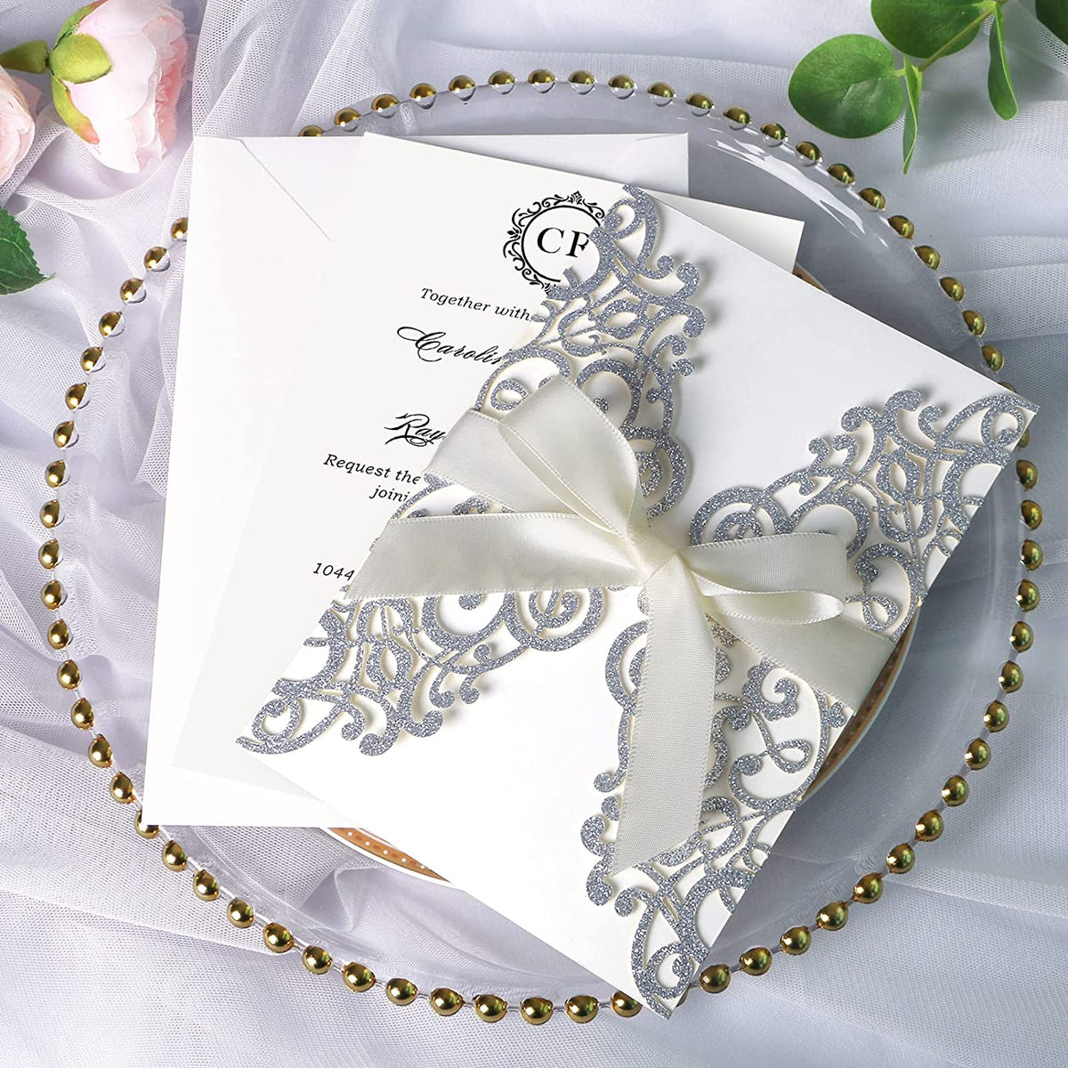 PONATIA Sliver Glitter Laser Cut Wedding Invitations Cards with Ivory Bow-knot