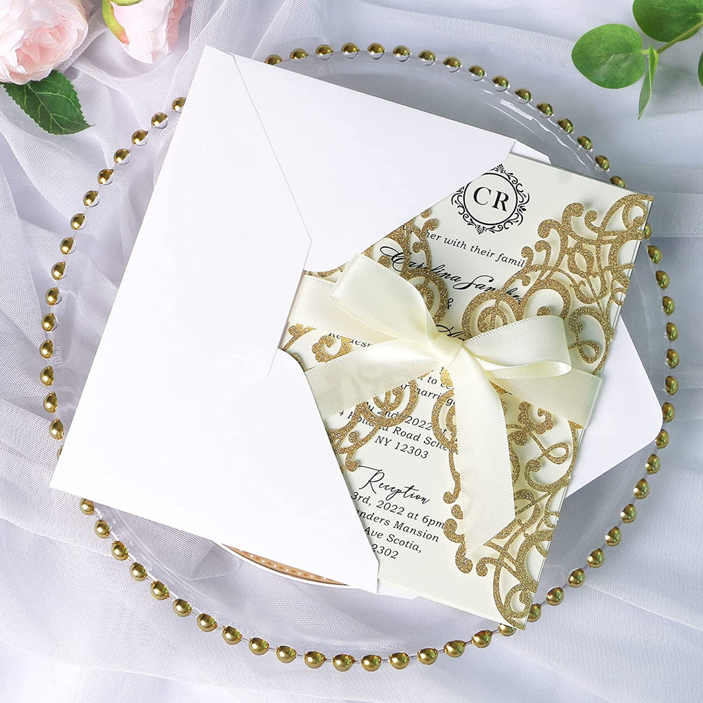 PONATIA Gold Glitter Laser Cut Wedding Invitations Cards with Ivory Bow-knot