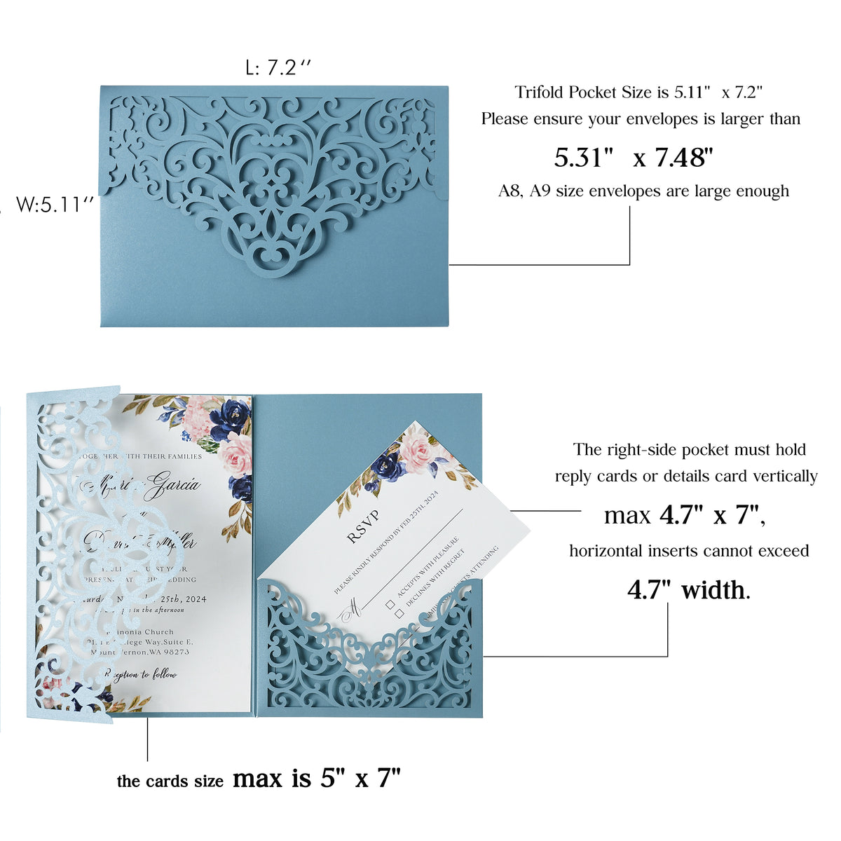 PONATIA  20PCS Dusty Blue Laser Cut Wedding Invitations Pockets