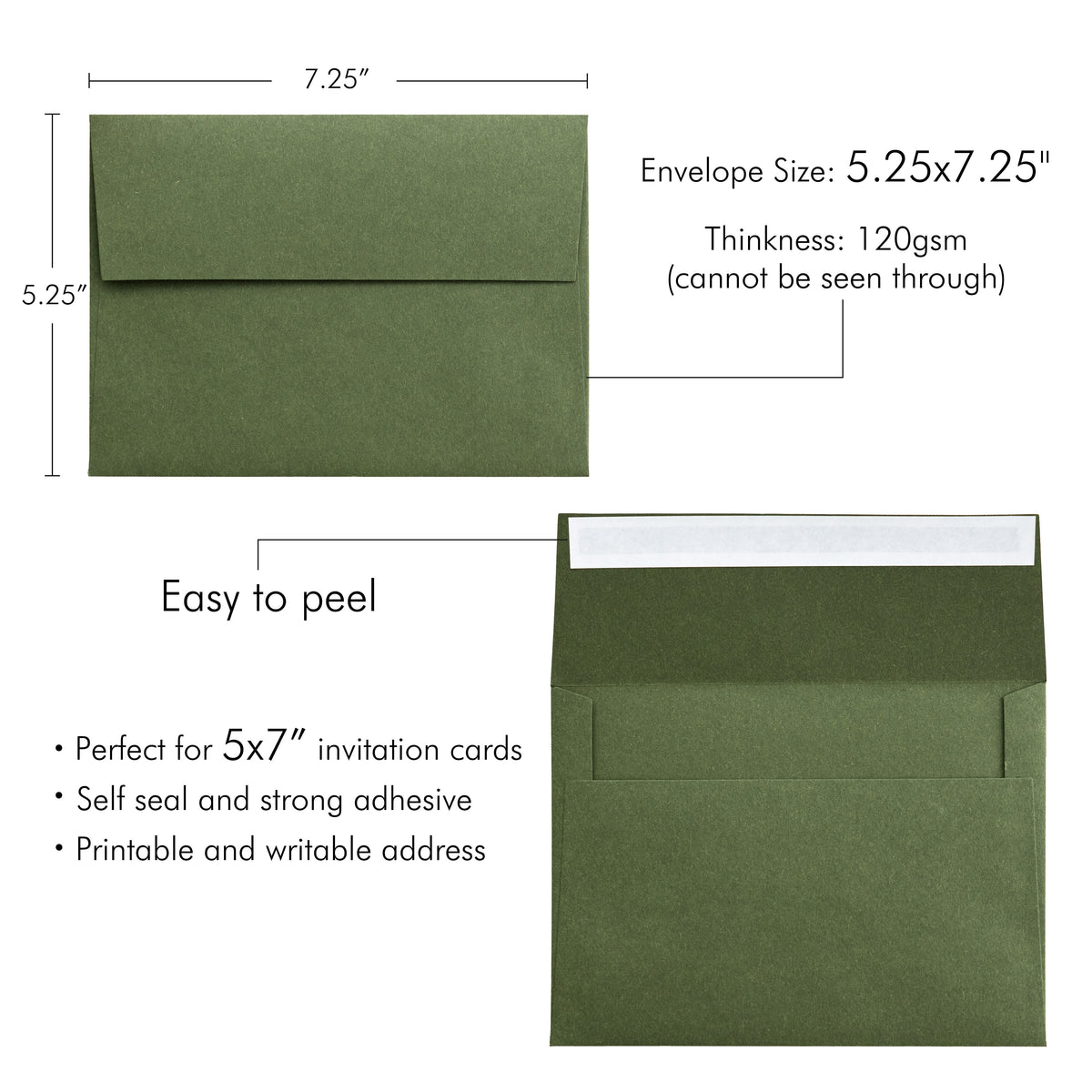 PONATIA 50 Pieces 5x7 Olive Green Envelopes, A7 Envelopes Self Seal for Weddings, Invitation Cards