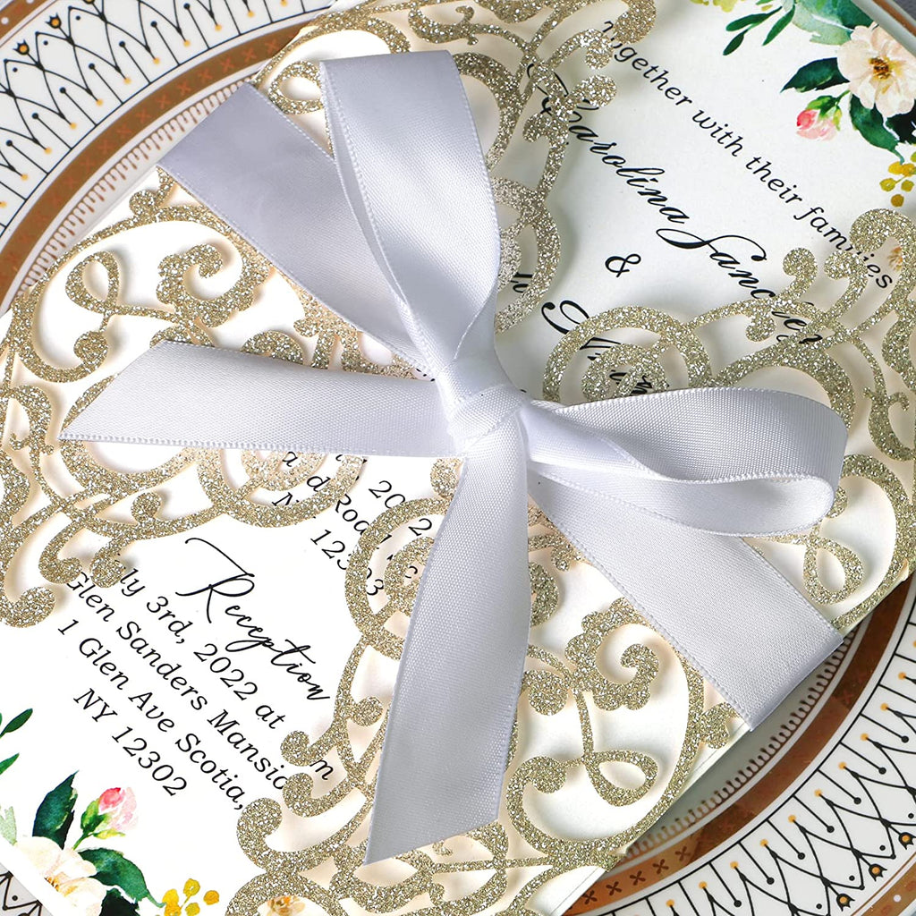 PONATIA Champagne Gold Glitter Laser Cut Wedding Invitations Cards with White Bow-knot