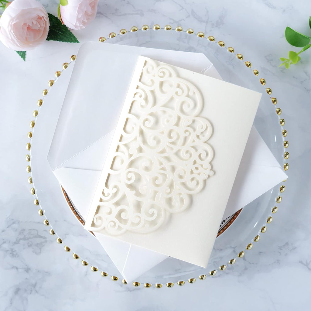 PONATIA 20 Pcs Ivory Tri-Fold  Laser Cut Wedding Invitation Pockets with Envelopes for Wedding