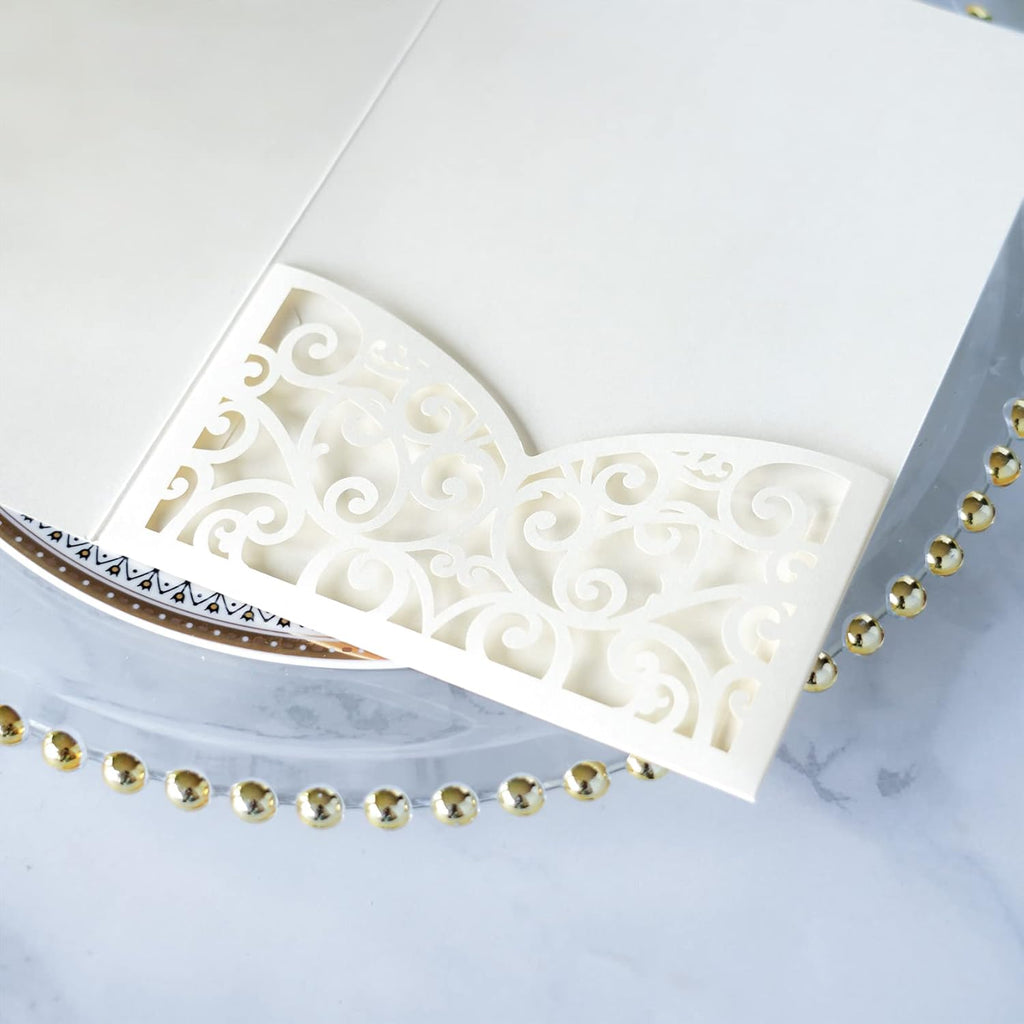 PONATIA 20 Pcs Ivory Tri-Fold  Laser Cut Wedding Invitation Pockets with Envelopes for Wedding