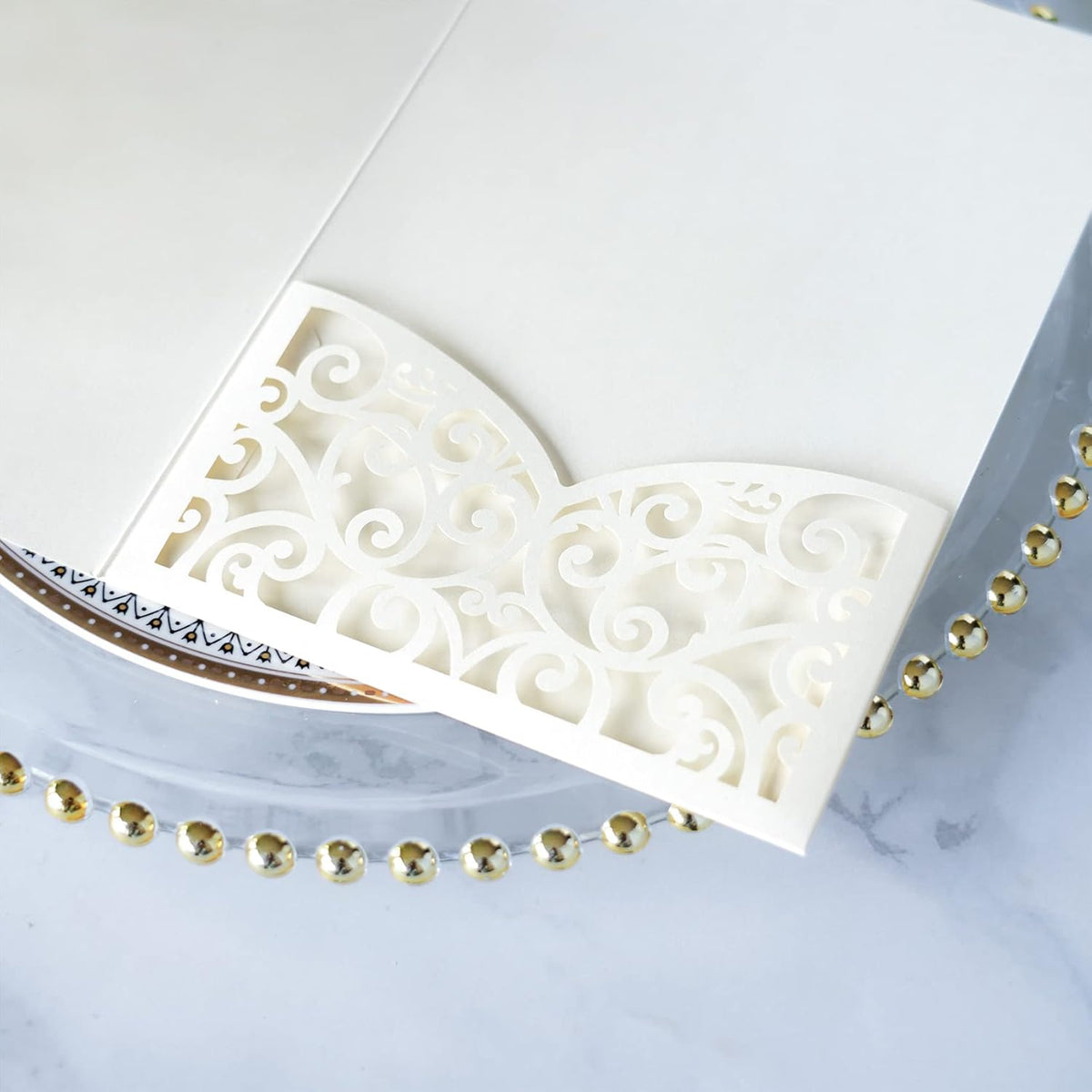 PONATIA 20 Pcs Ivory Tri-Fold  Laser Cut Wedding Invitation Pockets with Envelopes for Wedding