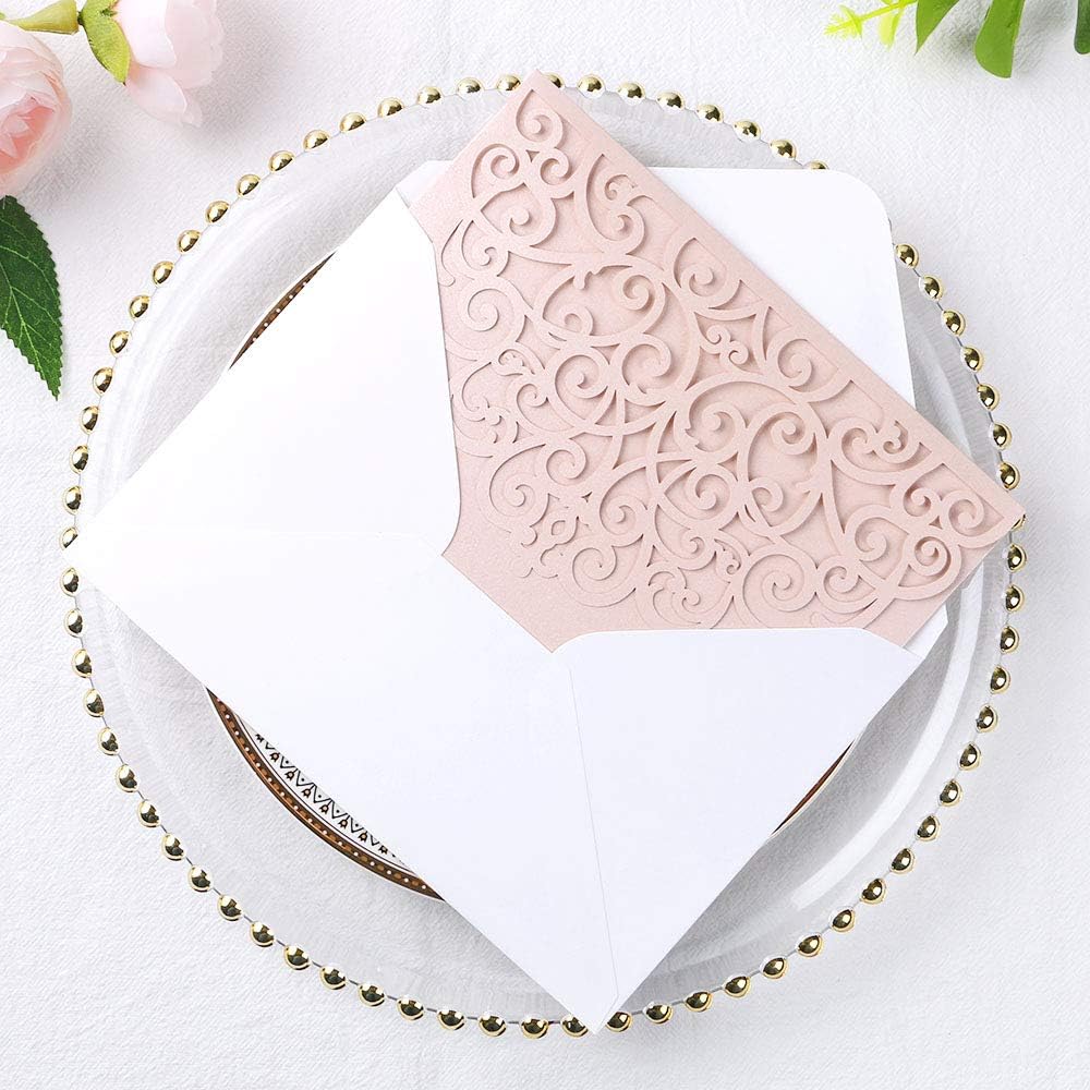 PONATIA 20 Pcs Blush Pink Tri-Fold  Laser Cut Wedding Invitation Pockets with Envelopes for Wedding