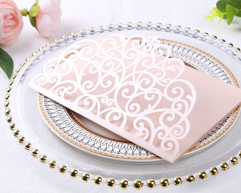 PONATIA 20 Pcs Blush Pink Tri-Fold  Laser Cut Wedding Invitation Pockets with Envelopes for Wedding