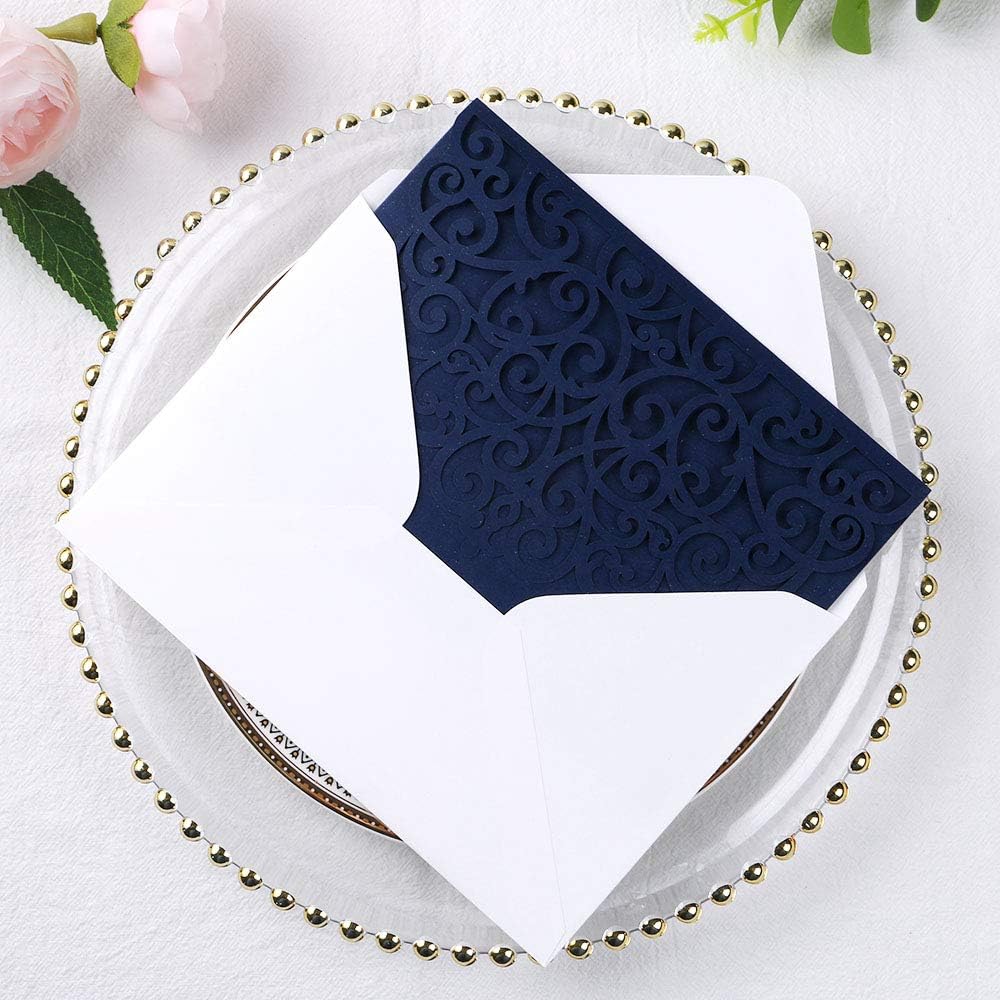 PONATIA 20 Pcs Navy Blue Tri-Fold  Laser Cut Wedding Invitation Pockets with Envelopes for Wedding