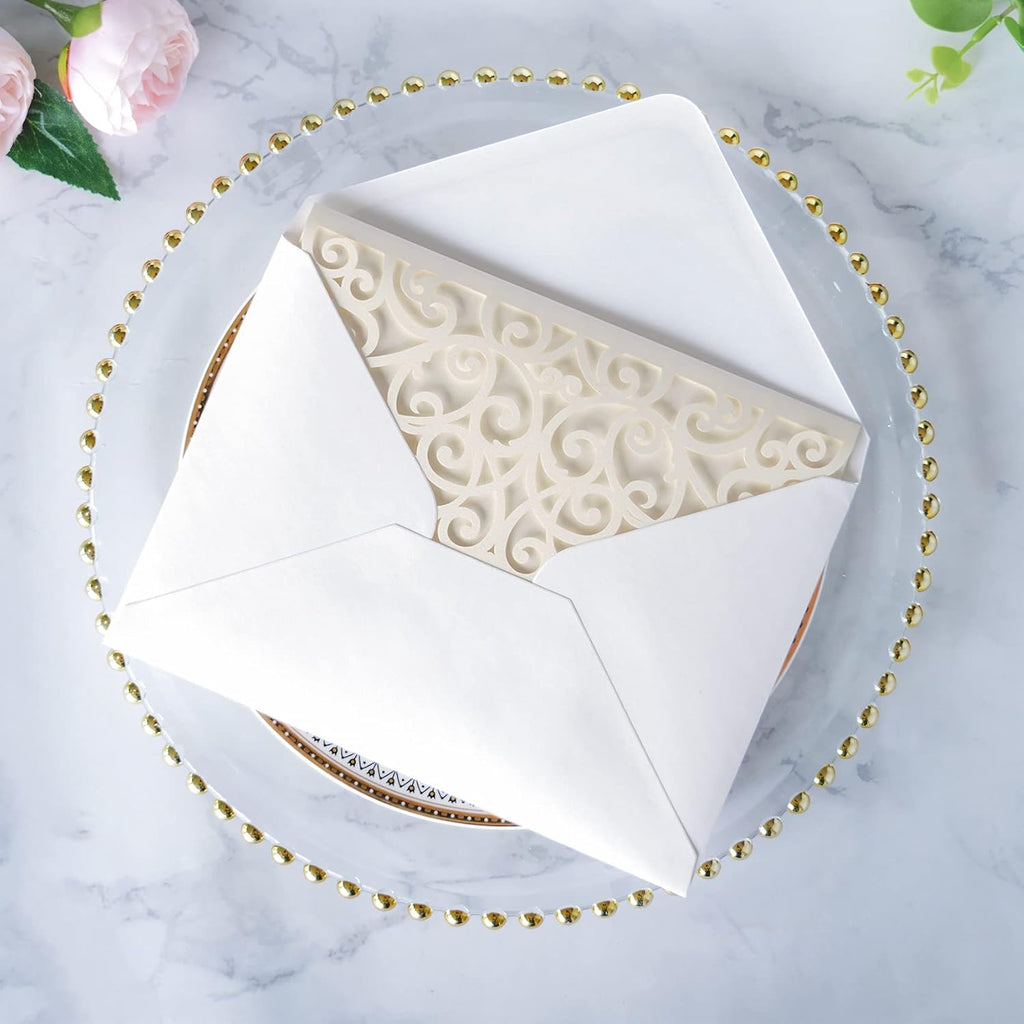 PONATIA 20 Pcs Ivory Tri-Fold  Laser Cut Wedding Invitation Pockets with Envelopes for Wedding