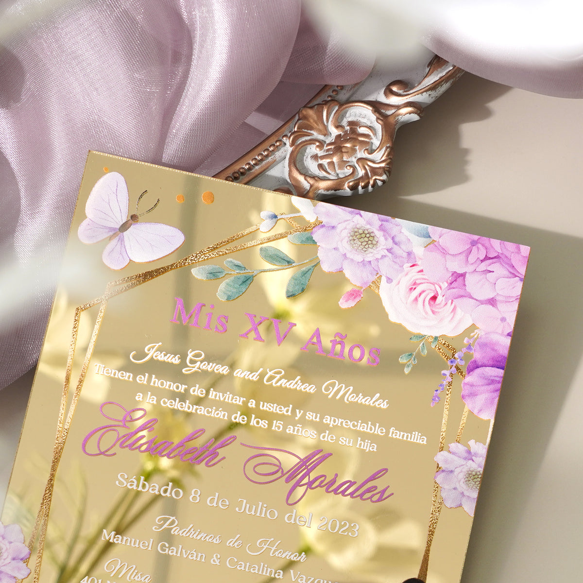 PONATIA XV Años Invitations, Gold Mirror Quinceañera Invitation Cards with Envelope-Lilac-2mm/0.7"