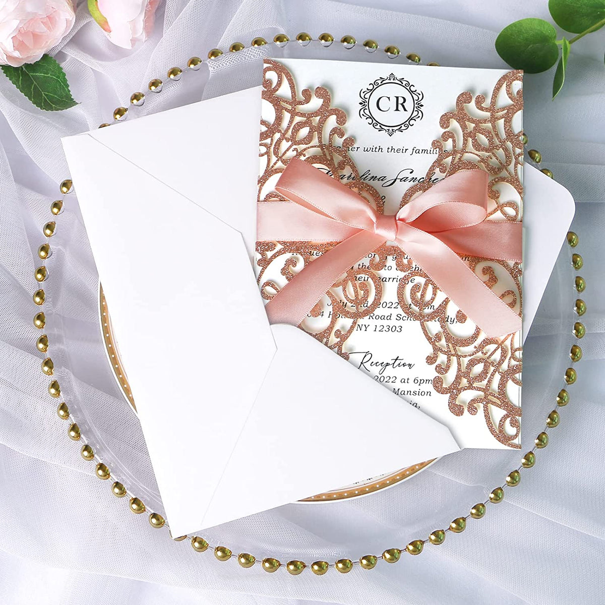 PONATIA Rose Glitter Laser Cut Wedding Invitations Cards with Blush Pink Bow-knot