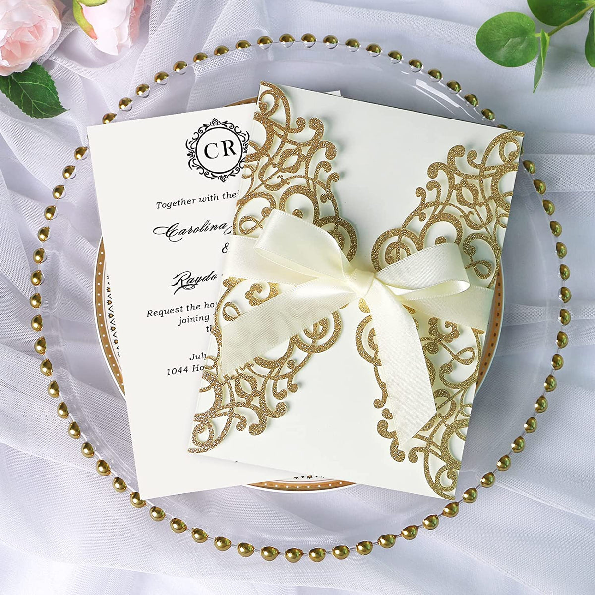 PONATIA Gold Glitter Laser Cut Wedding Invitations Cards with Ivory Bow-knot