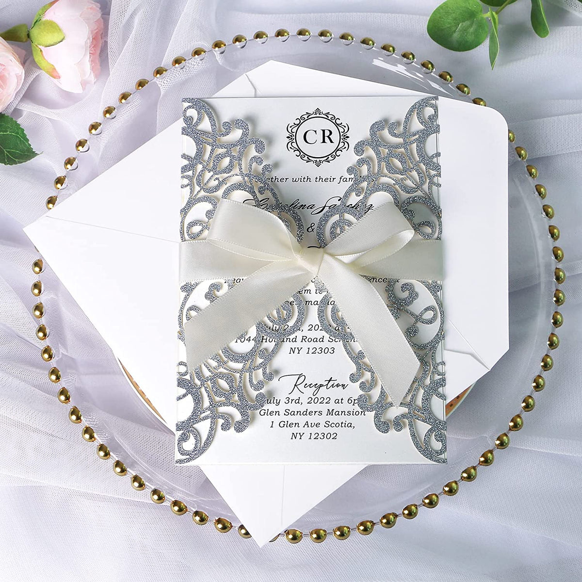 PONATIA Sliver Glitter Laser Cut Wedding Invitations Cards with Ivory Bow-knot