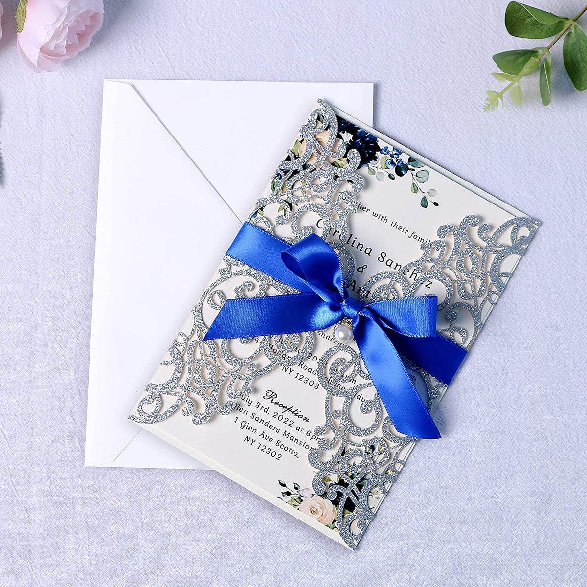 PONATIA Sliver Glitter Laser Cut Wedding Invitations Cards with Royal Blue Bow-knot