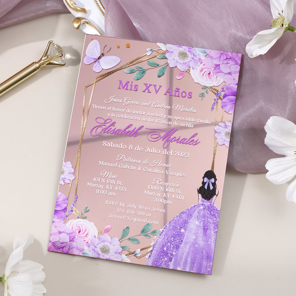 PONATIA XV Años Invitations, Rose Gold Mirror Quinceañera Invitation Cards with Envelope-2mm/0.7"